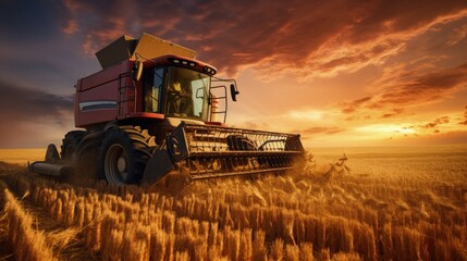 Poster - Using a combine harvester to gather wheat in a field during a summer sunset and transferring it to a tractor. silhouette concept