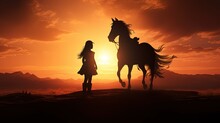 Young Girl On Horseback Gazes Into Sunrise. Silhouette Concept