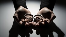 Creative Concept Of Close Up Wedding Rings Held By A Man With Shadow And Copy Space. Silhouette Concept