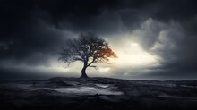 A Solitary Tree Outline Against A Dark And Turbulent Sky. Silhouette Concept