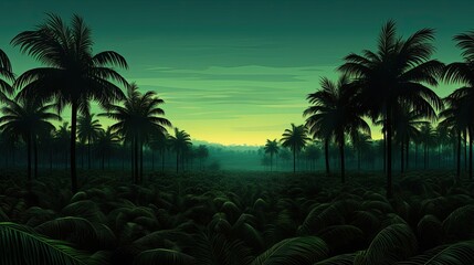 Poster - Tropical coconut palm oil farm with tall tree silhouettes and fresh leaves on a tropical coast