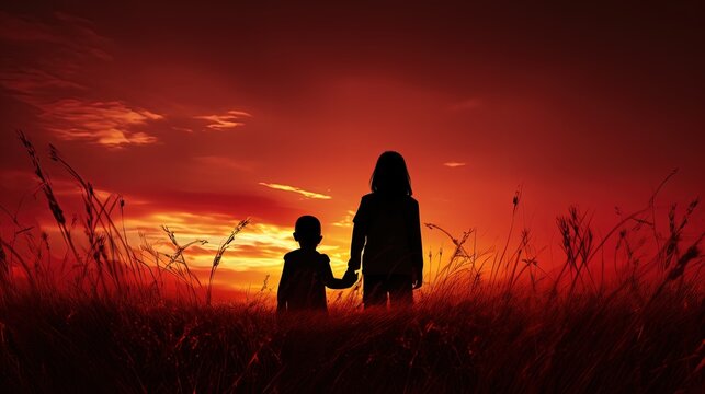 Two kids outlines in front of red sky and grass. silhouette concept