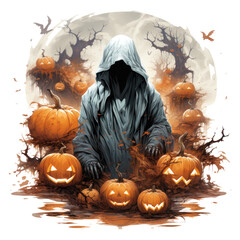  A captivating Halloween artwork showcasing a ghostly figure emerging from a pumpkin patch, Generative Ai