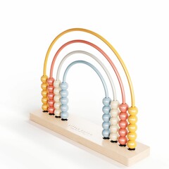 3D render of a wooden toy set with colorful beads on a white background