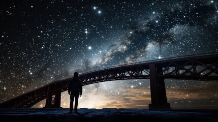 Wall Mural - a person s outline on an ancient bridge against a starry sky and milky way. silhouette concept