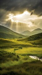 Heavenly Illumination: Sunlight Through Clouds Over Scottish Highlands