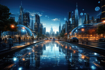 Aufkleber - futuristic smart city with interconnected infrastructure, envisioning a technologically advanced urb