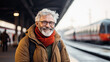 © PaulShlykov - Senior gray-haired man at train station. Waiting for the train or meeting at the station