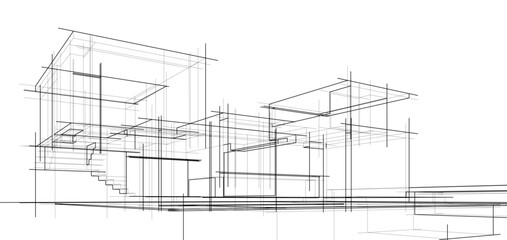 Wall Mural - architectural sketch of a building 3d illustration