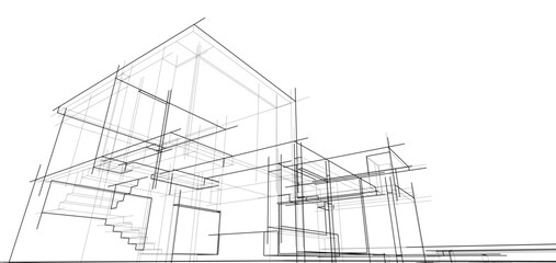 Architectural sketch of a building 3d illustration