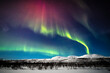 © ADDICTIVE STOCK - Amazing view of northern lights over snowy mountains and trees in sky