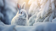 Mountain hare in white fur or pelage. Snowy winter landscape.