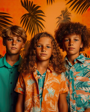 Generative AI Image Of Happy Multiethnic Boys In Summer Clothes With Nature Plant Pattern Standing Looking At Camera Together Near Green Leaves On Orange Background