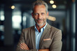 © ADDICTIVE STOCK - Generative AI illustration of positive senior male entrepreneur in formal wear standing with folded arms in modern office while looking at camera