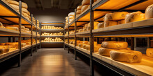 Cheese Production Corridor With Shelves With Lots Of Cheeses. Creative Wallpaper With Perspective View On Natural Round Cheese. Cheese Warehouse.