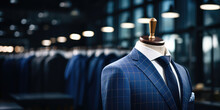 Men Shirt In Form Of Suits In Dark Navy Blue Colors On Mannequin In Tailoring Room. Luxury Banner For An Expensive Men's Clothing And Office Suits Store. 