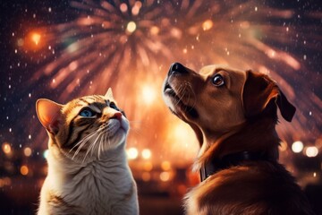 Poster - A dog and a cat watch the fireworks together. Merry christmas and happy new year concept