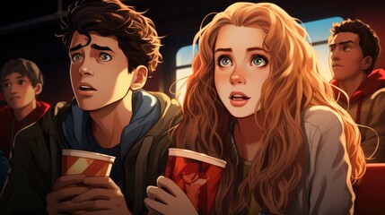 Friends sitting in a movie theater eating popcorn - cinema themed illustration in comic style