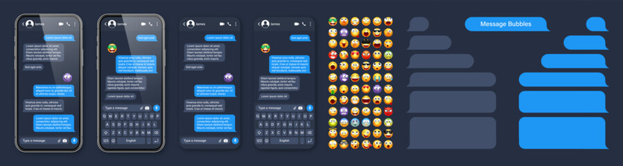 Smartphone messaging app, user interface with emoji. SMS text frame. Chat screen, blue message bubbles. Texting app for communication. Social media application. Dark mode. Vector illustration