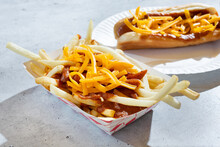 A View Of Chili And Cheese Topped Over French Fries And A Hot Dog.