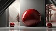 © starush - A red sphere sitting on a floor with a mountain in the background. AI
