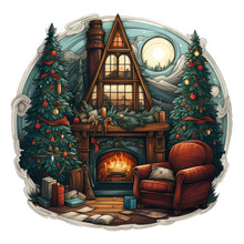 This Heartwarming Christmas Tree T-shirt Design Captures The Coziness Of A Cabin In The Woods, With A Roaring Fireplace, Generative Ai