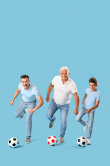 Wall Mural - Little boy with his dad and grandfather playing football on blue background