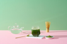 Glass Of Iced Matcha Green Tea Latte With Green Tea Powder