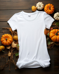 Wall Mural - White cotton t-shirt mockup in halloween theme with pumpkins and foliage. Visual display of a white t-shirt template, showcasing artwork and design for print presentation.