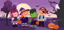 Halloween Kids In Costume Party. Vector Design Illustration.