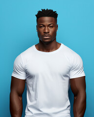 Wall Mural - Black man wearing white cotton t-shirt mockup on blue background. Visual display of a white t-shirt template, showcasing artwork and design for print presentation.