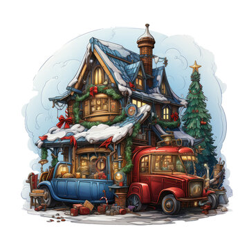 A delightful Christmas sleighs t-shirt design capturing the magic of the North Pole, where Santa's sleigh is parked outside his workshop, Generative Ai