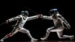 Two athletes fence each other with long epees created with Generative AI