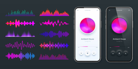 Wall Mural - Online audio player user interface, smartphone app UI design. Music, media streaming and listening platform. Responsive mobile application. Neumorphism. Various sound waves. Vector illustration