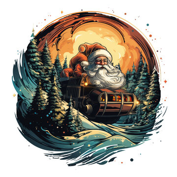 A captivating Christmas sleighs t-shirt design featuring Santa's sleigh flying high above a snowy landscape, with the Northern Lights dancing across the sky, and a touch of magic dust , Generative Ai