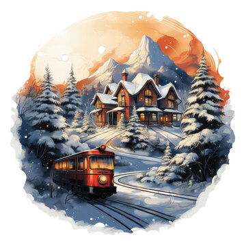 A festive Christmas sleighs t-shirt design set in a charming snowy village, with Santa's sleigh parked near a decorated Christmas tree, children playing in the snow, Generative Ai