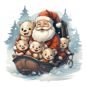  A whimsical Christmas sleighs t-shirt design featuring Santa's sleigh being pulled by a team of adorable baby animals, like baby reindeer, Generative Ai