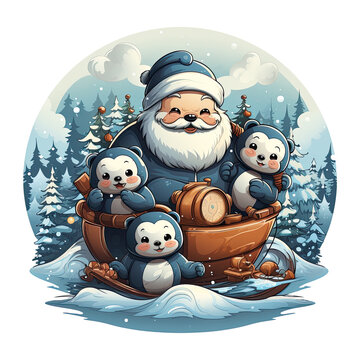 A whimsical Christmas sleighs t-shirt design featuring Santa's sleigh being pulled by a team of adorable baby animals, like baby reindeer, Generative Ai
