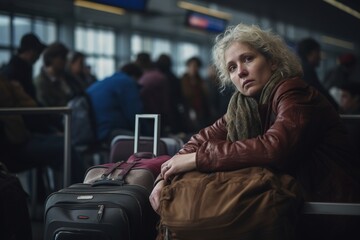 Sad woman at airport waiting for flight