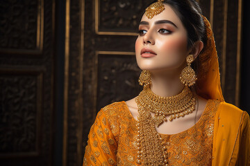 Wall Mural - Young indian woman wearing golden clothing, closeup. Generative AI