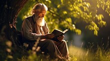 Old Mature Male Relax Outside In Nature Garden,happy Senior Man Smile,casual Lying On His Back On Grass Reading A Book Under A Tree Outdoor In The Summer Park,concept Elderly People Lifestyle,resting
