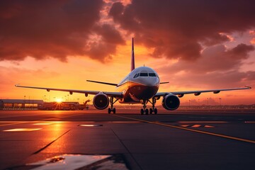 Poster - plane on the runway at sunset