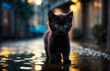 Fototapeta Uliczki - Adorable little black fluffy cat with blue eyes standing on the street under heavy rain, background, cute animals wallpaper, banner with copy space text 