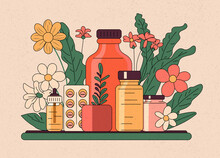 Illustration Of A Set Of Medicine Bottles And Flowers
