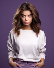 Wall Mural - Beautiful woman wearing white sweatshirt mockup on purple background. Visual display of a white sweatshirt template, showcasing artwork and design for print presentation.