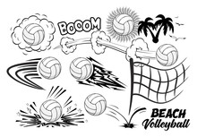 Comic Style Beach Volleyball Elements Template. Vector On Transparent Background