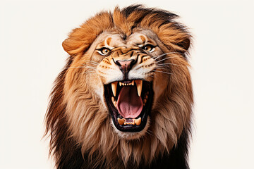 Lion roaring isolated on a white background close-up portrait. Studio animal photography.