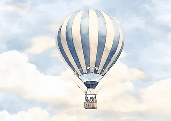 Blue and white stripes hot air balloon, Generative AI.