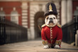 Lieutenant Wigglebottom MacMonarch: The Bulldog Palace Protector - A Stalwart Canine in British Royal Guard Uniform, Standing Vigilant Outside a Delicate Miniature Buckingham Palace
