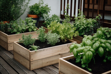 Fresh vegetables in wooden crates in a garden